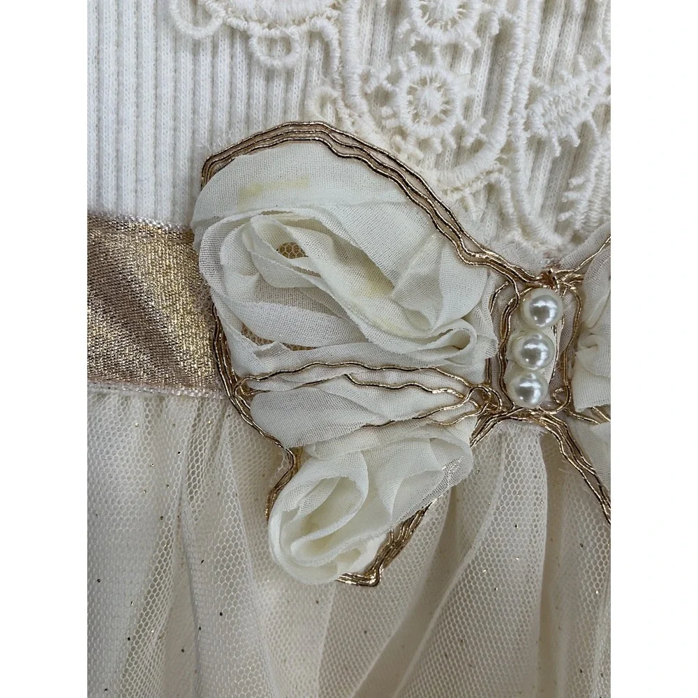 Pudding Girls Tutu Dress Lace Pearl Embellished Cream Tiered Tulle Size 5